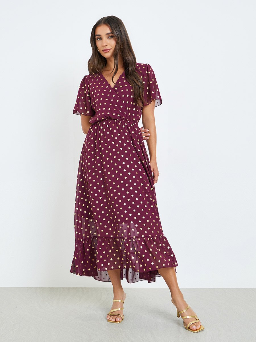 Women Burgundy Polka Dot Print A-Line Maxi Dress