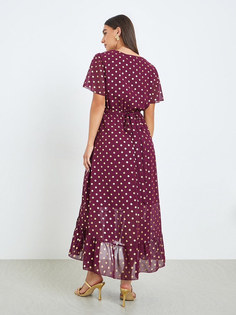 Women Burgundy Polka Dot Print A-Line Maxi Dress
