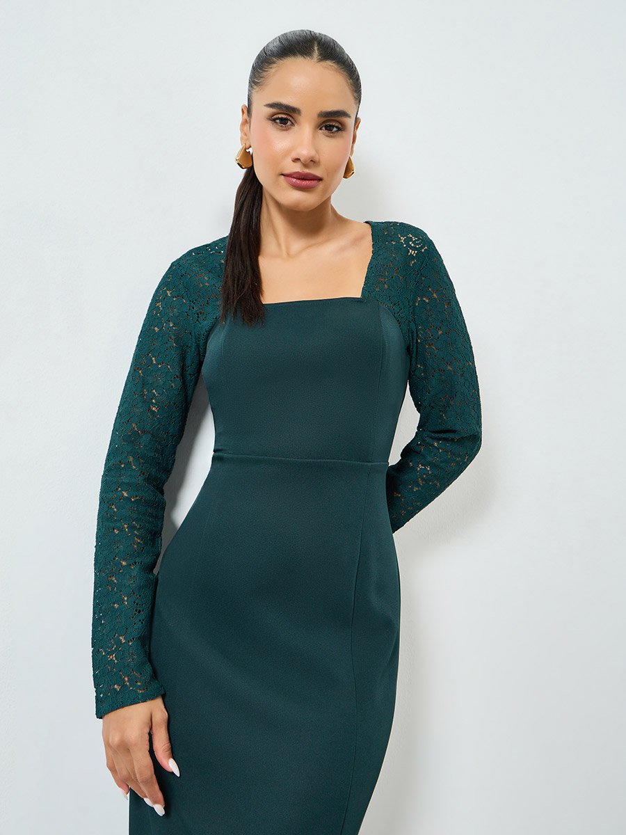 Dark Green Lace Long Sleeves Sheath Midi Dress For Women at Bahrain | Styli Dark Green Lace Long Sleeves Sheath Midi Dress For Women at Bahrain | Styli
