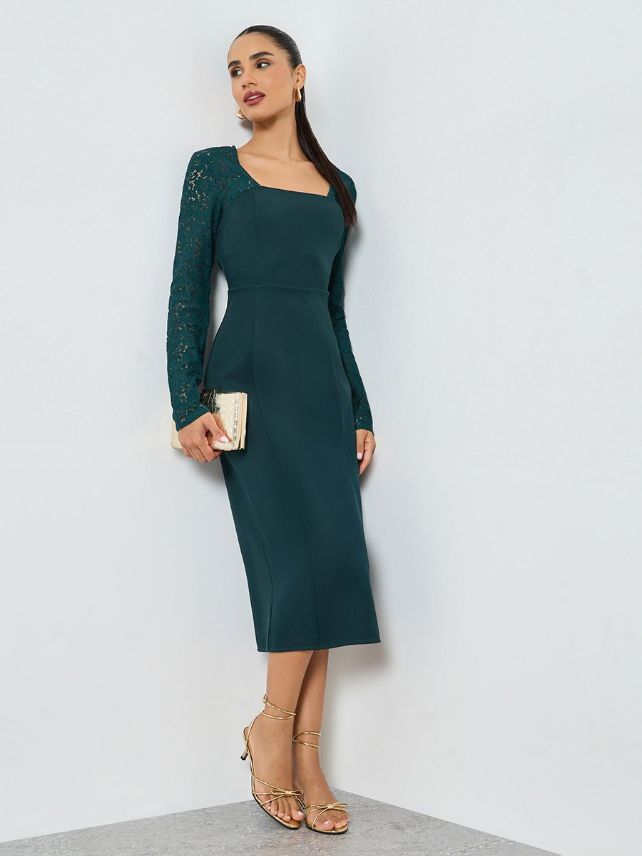 Dark Green Lace Long Sleeves Sheath Midi Dress For Women at Kuwait | Styli Dark Green Lace Long Sleeves Sheath Midi Dress For Women at Kuwait | Styli