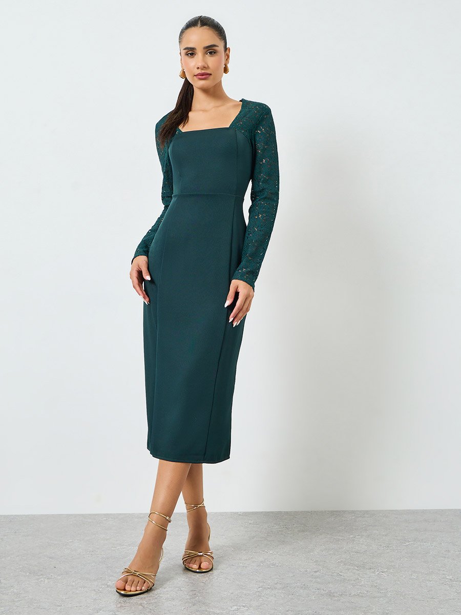 Dark Green Lace Long Sleeves Sheath Midi Dress For Women at UAE | Styli Dark Green Lace Long Sleeves Sheath Midi Dress For Women at UAE | Styli