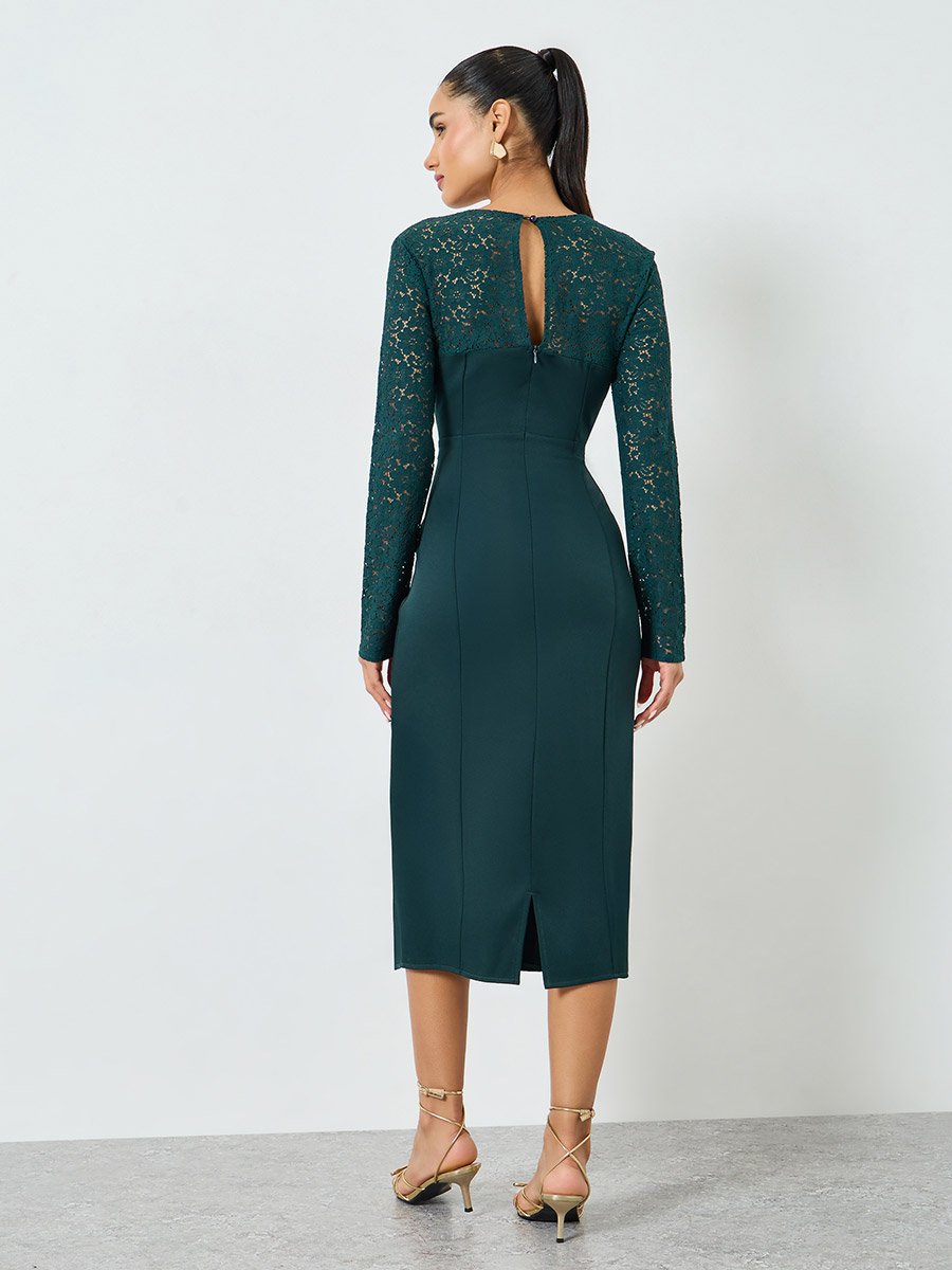 Dark Green Lace Long Sleeves Sheath Midi Dress For Women at Bahrain | Styli Dark Green Lace Long Sleeves Sheath Midi Dress For Women at Bahrain | Styli
