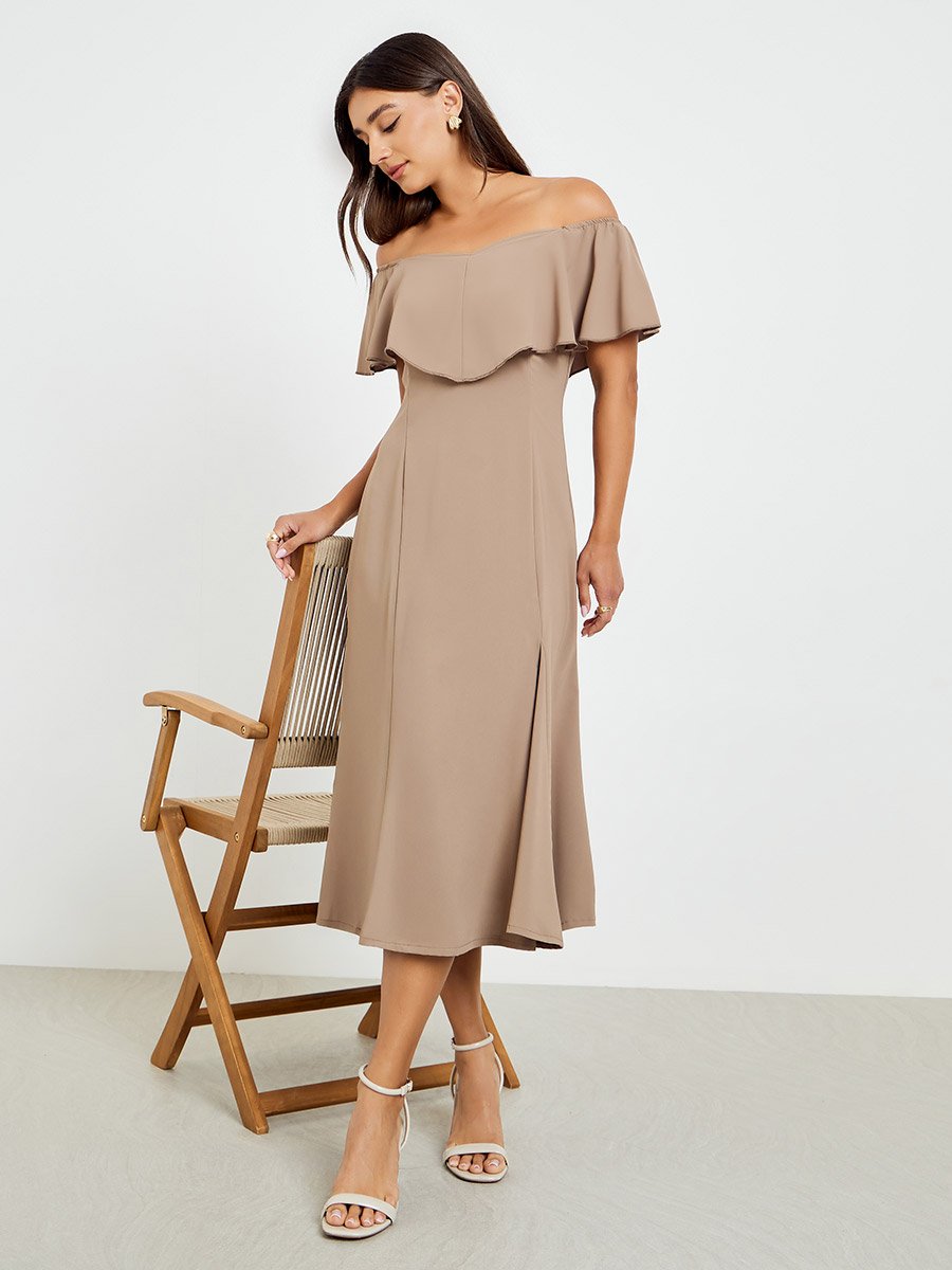Brown Off-Shoulder A-Line Midi Dress For Women at UAE | Styli Brown Off-Shoulder A-Line Midi Dress For Women at UAE | Styli