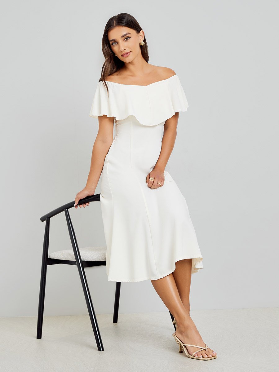 Off White Off-Shoulder Midi Dress