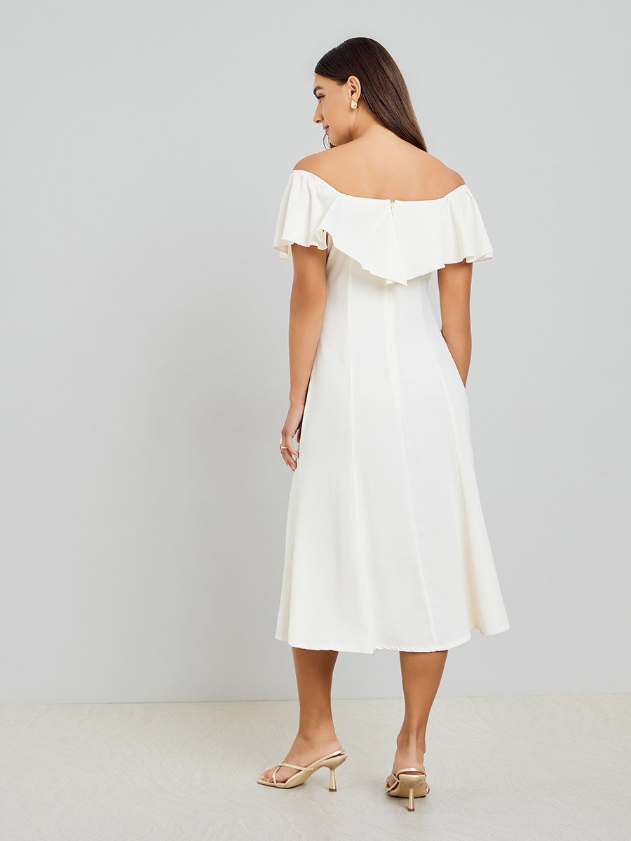 Off White Off-Shoulder Midi Dress