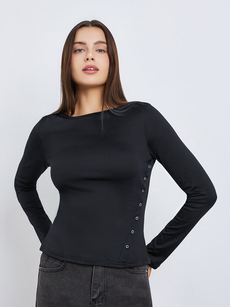 Women Black Solid Color Eyelet Knit Top