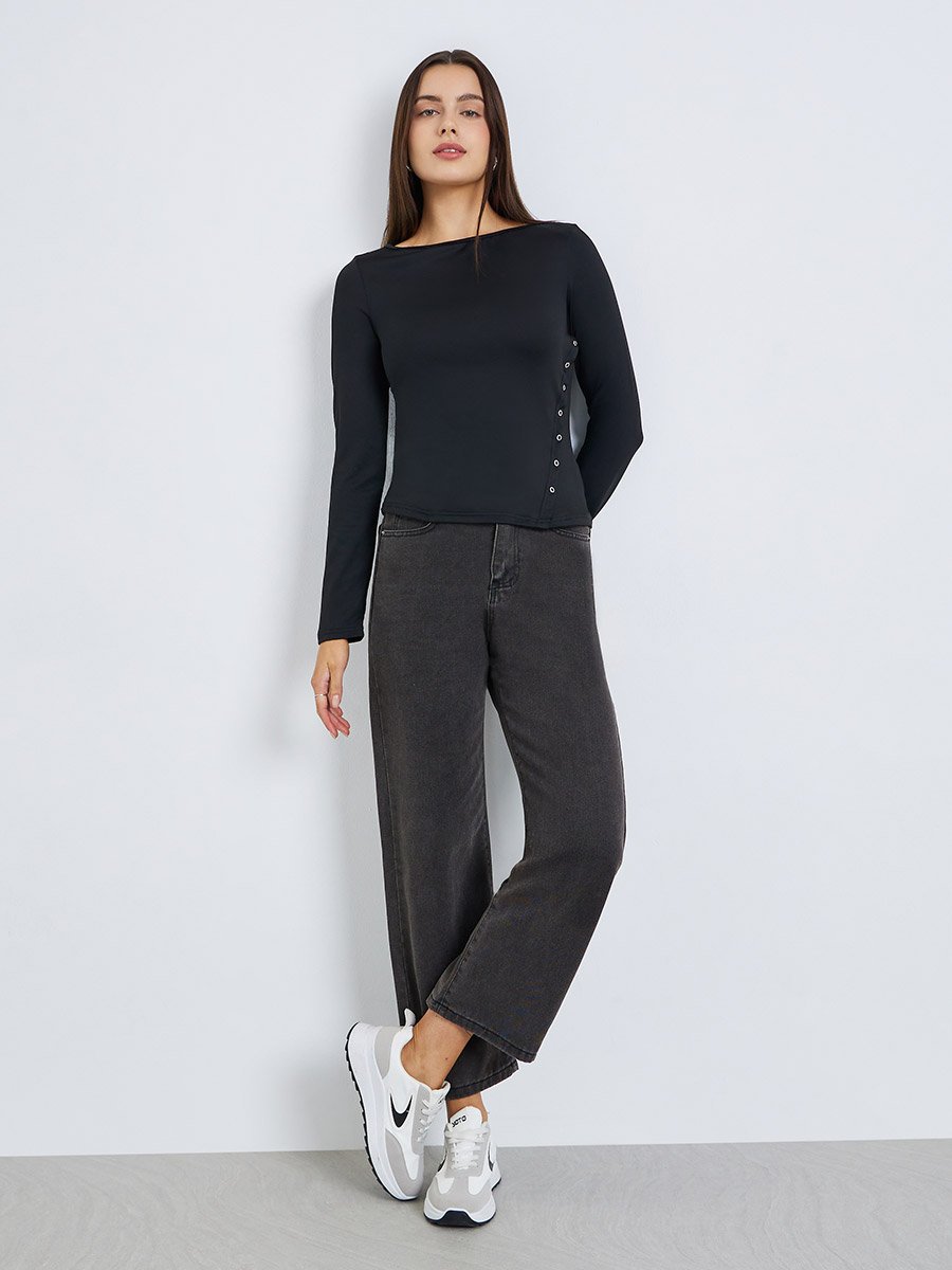 Women Black Solid Color Eyelet Knit Top