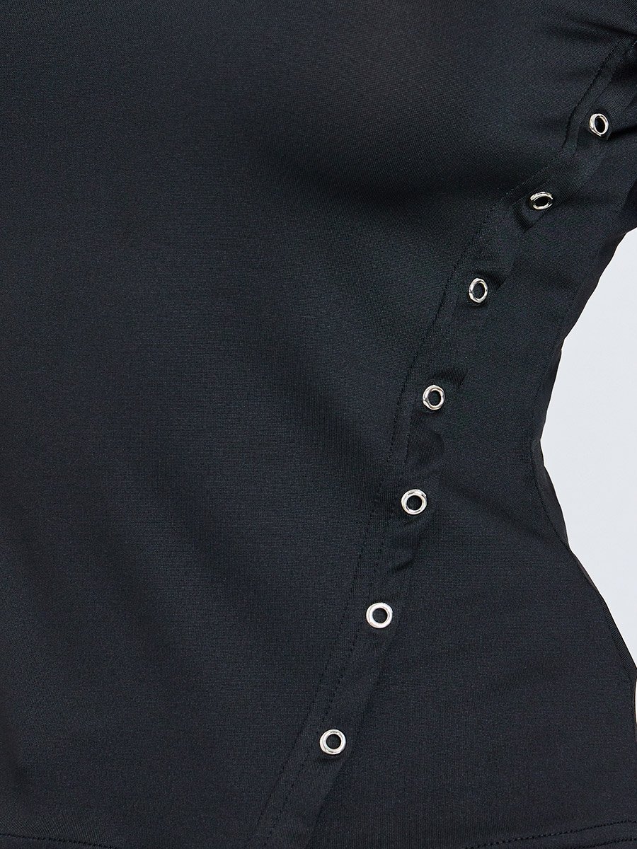 Women Black Solid Color Eyelet Knit Top