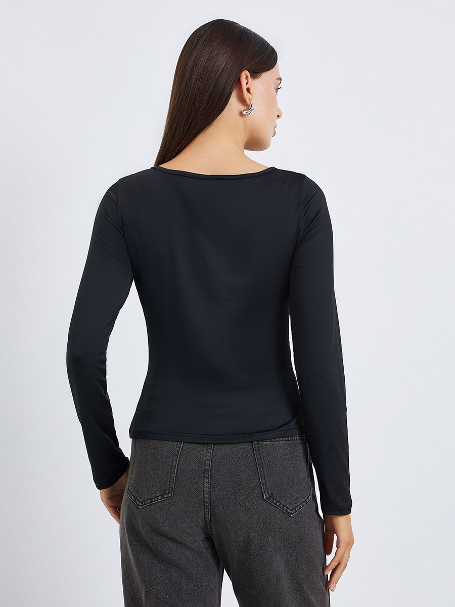 Women Black Solid Color Eyelet Knit Top
