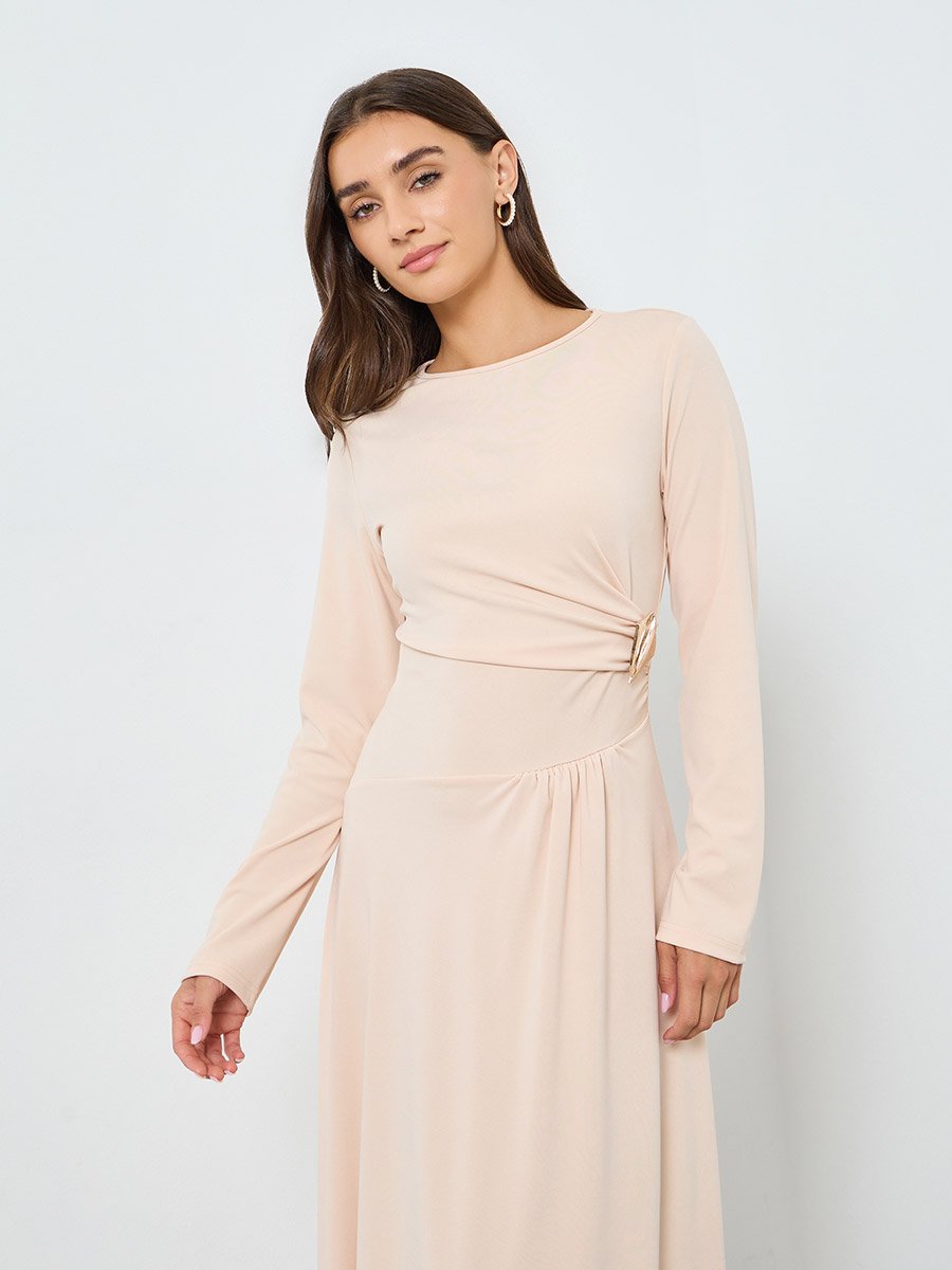 Women Beige Long Sleeve Maxi Dress For Women at UAE | Styli