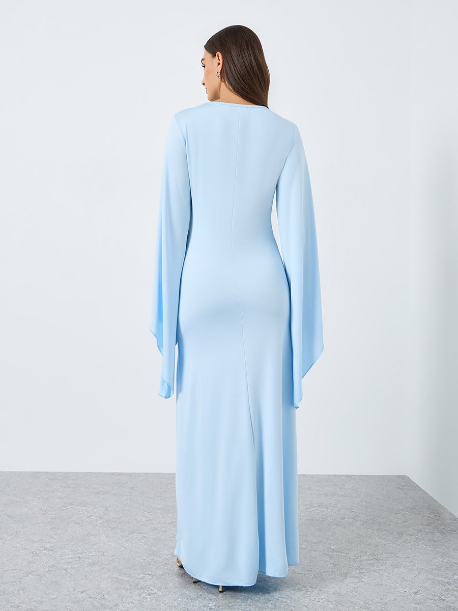 Women Blue Bell Sleeve Bodycon Maxi Dress