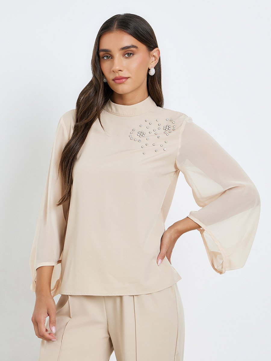 Women Beige Rhinestone-Embellished Top and Pants Co-Ords