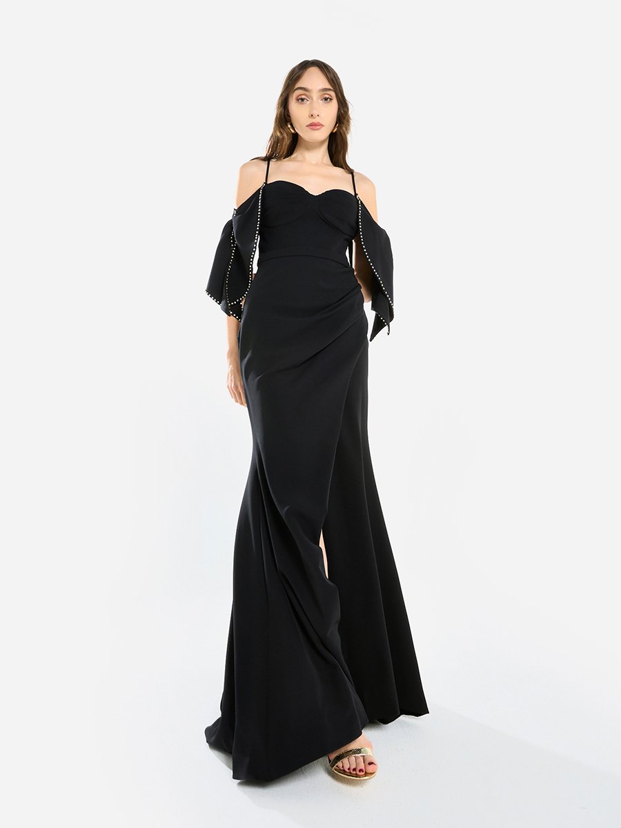 Women Pearl Trim Mermaid Hem Maxi Dress