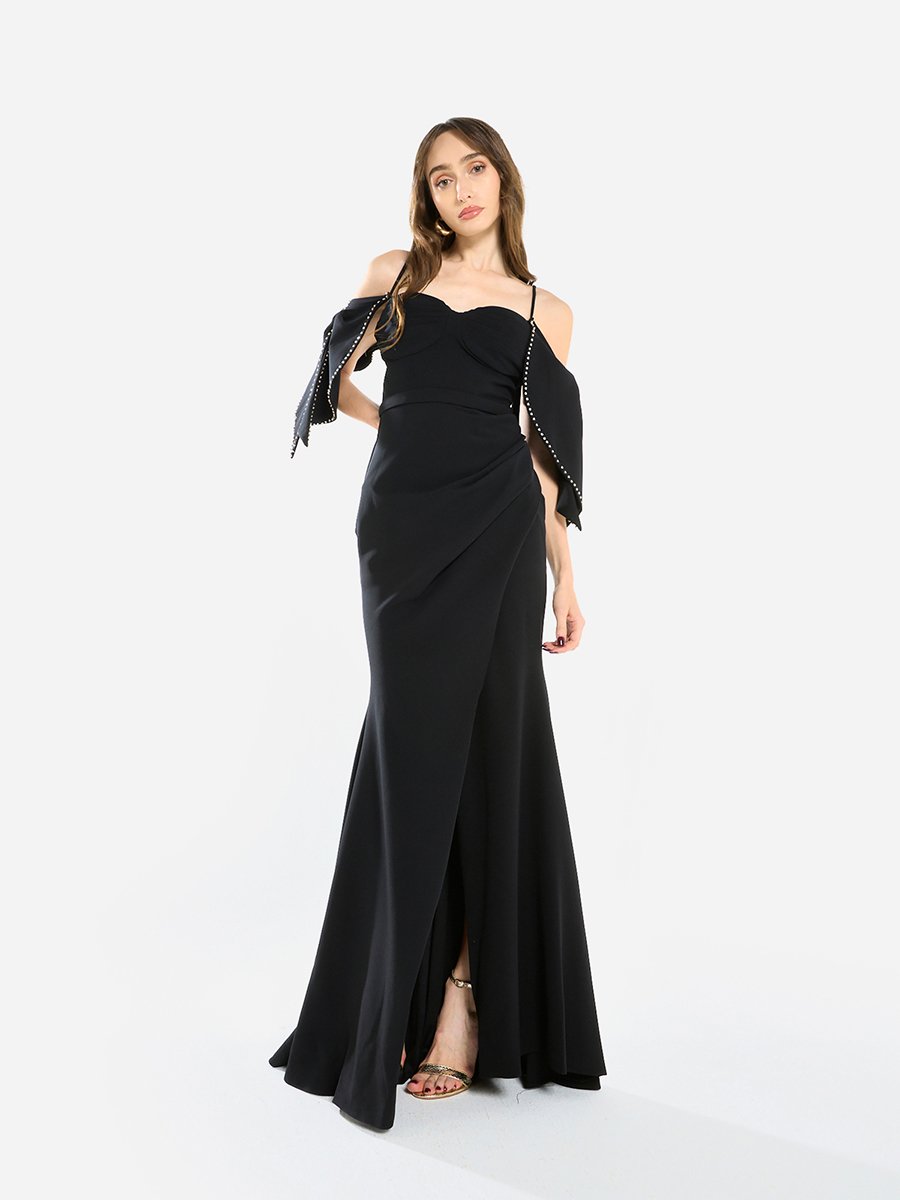 Women Pearl Trim Mermaid Hem Maxi Dress