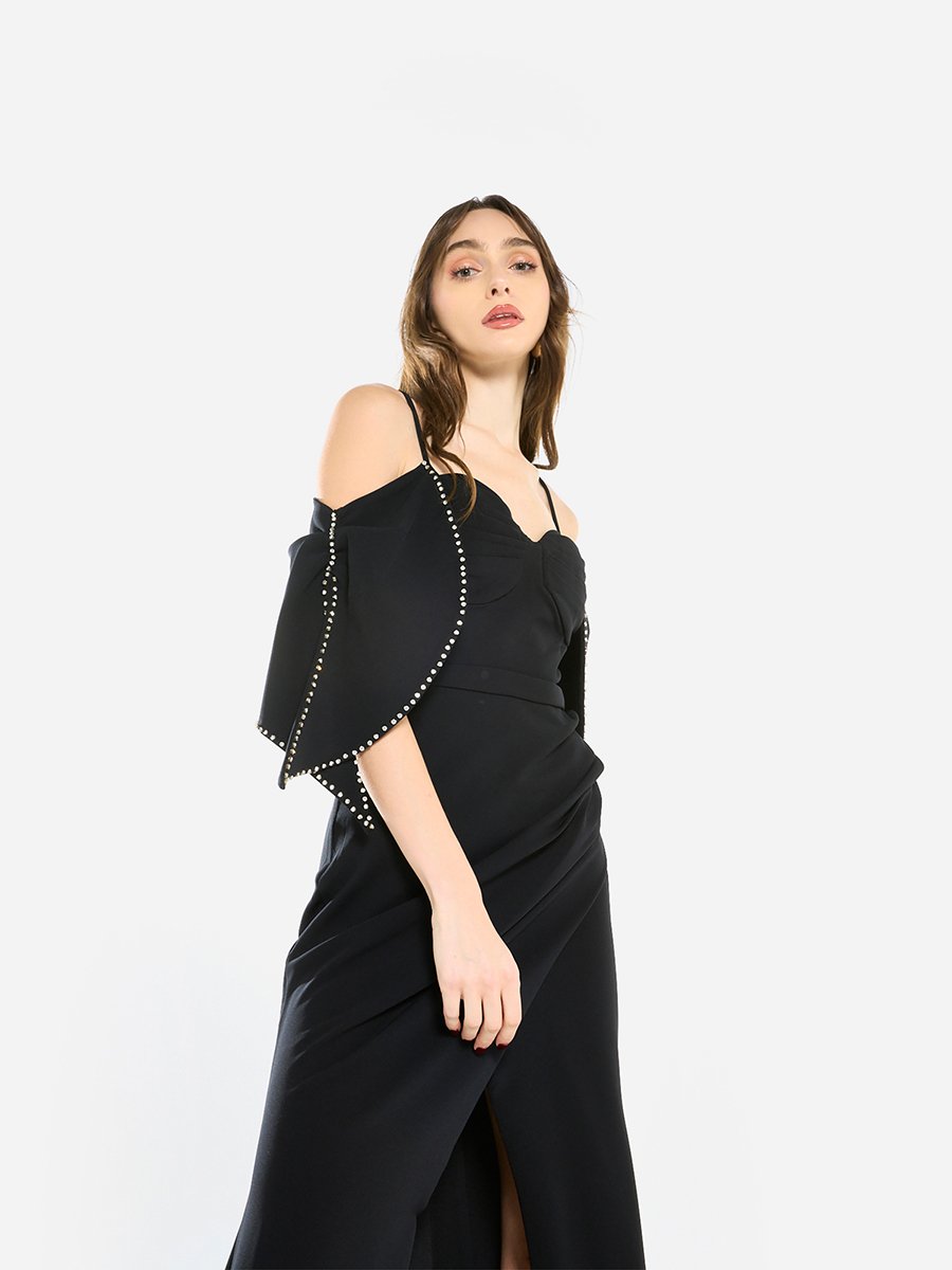 Women Pearl Trim Mermaid Hem Maxi Dress