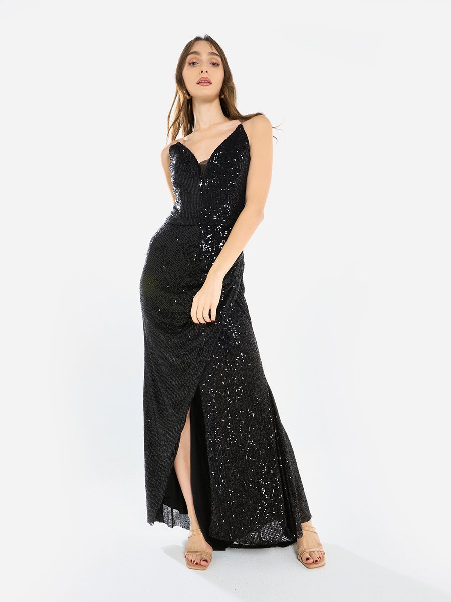 Women Sequin Strappy Drape Maxi Dress