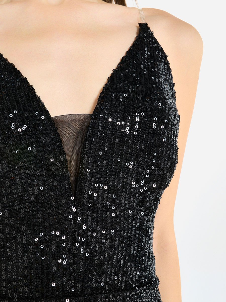 Women Sequin Strappy Drape Maxi Dress