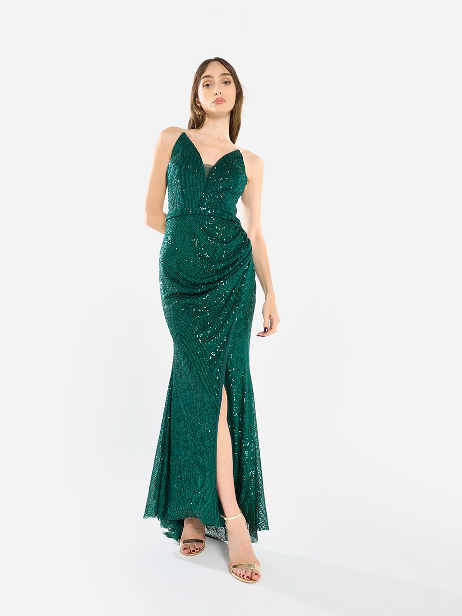Women Sequin Strappy Drape Maxi Dress
