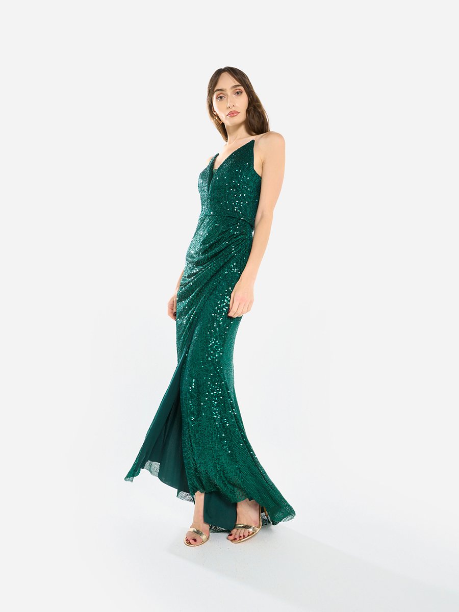 Women Sequin Strappy Drape Maxi Dress