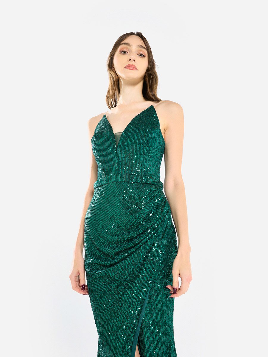 Women Sequin Strappy Drape Maxi Dress