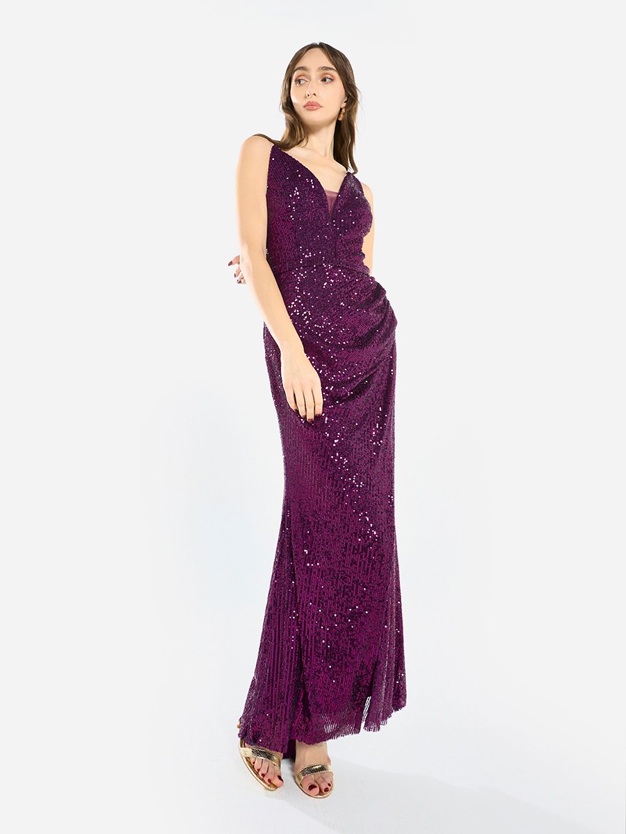 Women Sequin Strappy Drape Maxi Dress