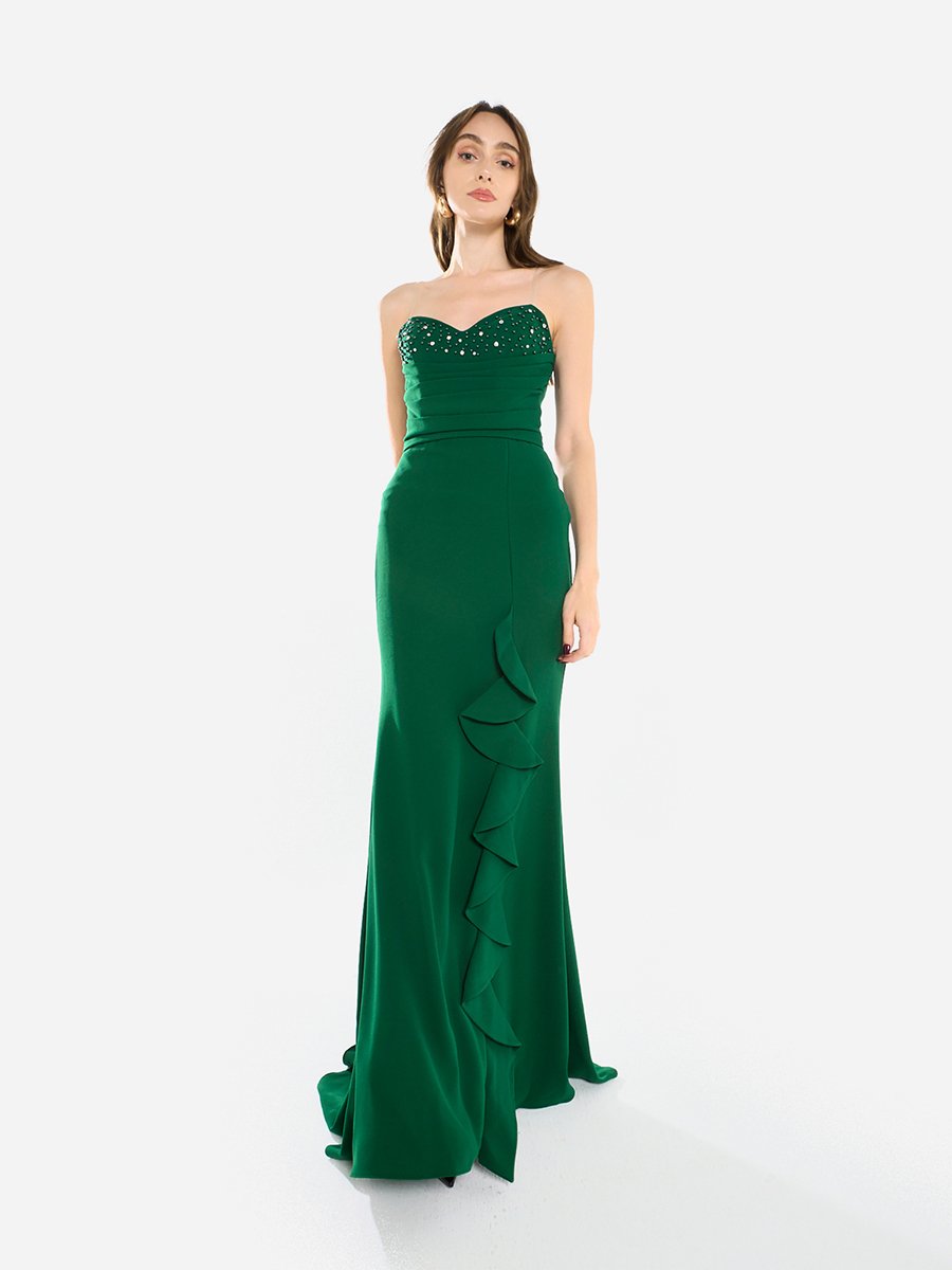 Women Ruffled Cascade Beaded Gown Maxi Dress