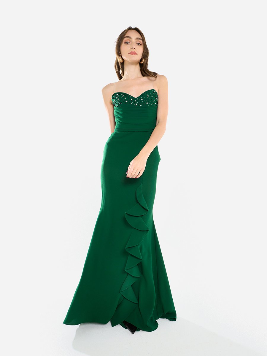 Women Ruffled Cascade Beaded Gown Maxi Dress