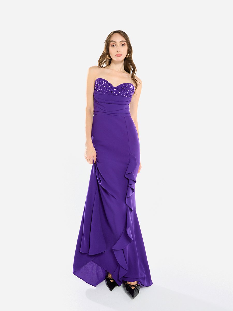 Women Ruffled Cascade Beaded Gown Maxi Dress