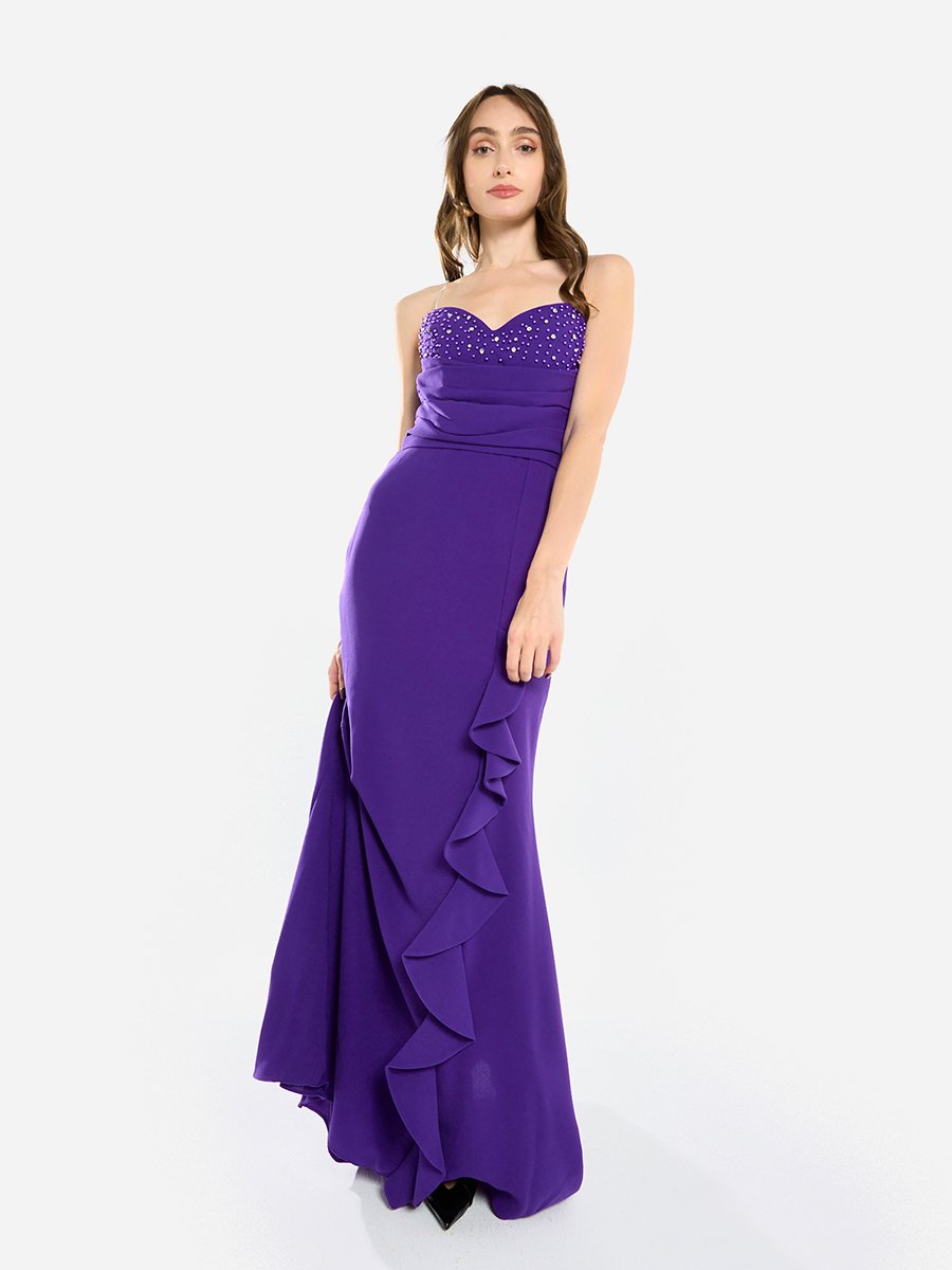Women Ruffled Cascade Beaded Gown Maxi Dress