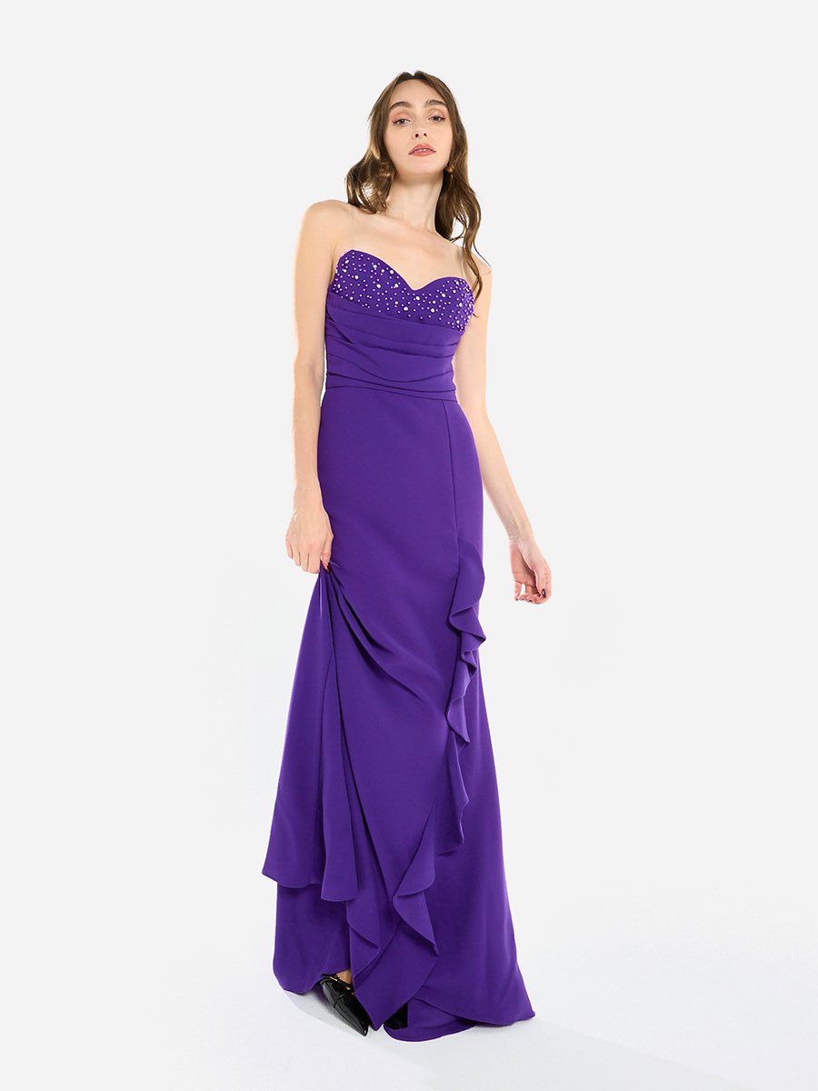 Women Ruffled Cascade Beaded Gown Maxi Dress