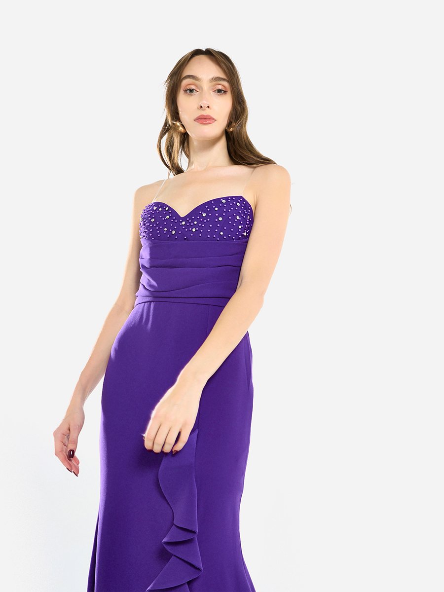 Women Ruffled Cascade Beaded Gown Maxi Dress