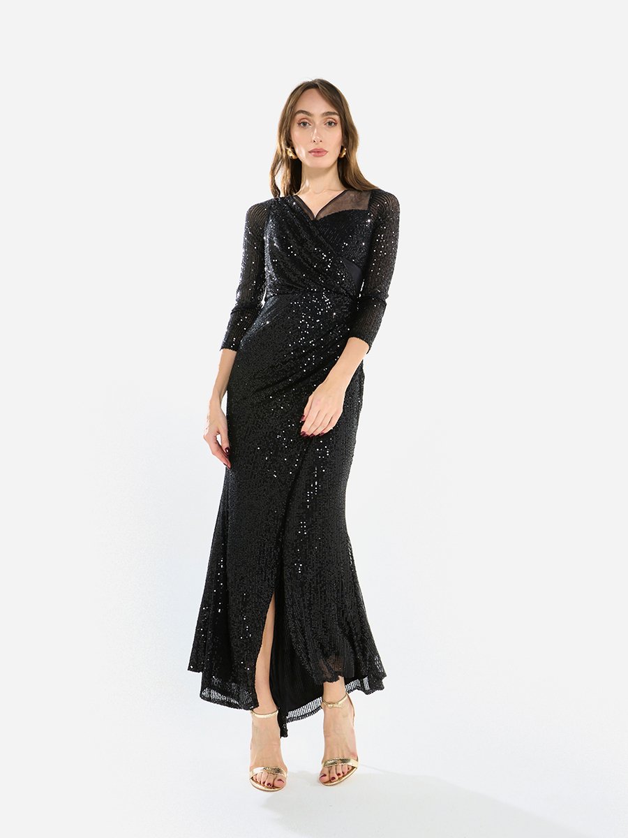 Women Sequin Wrap Slit Maxi Dress
