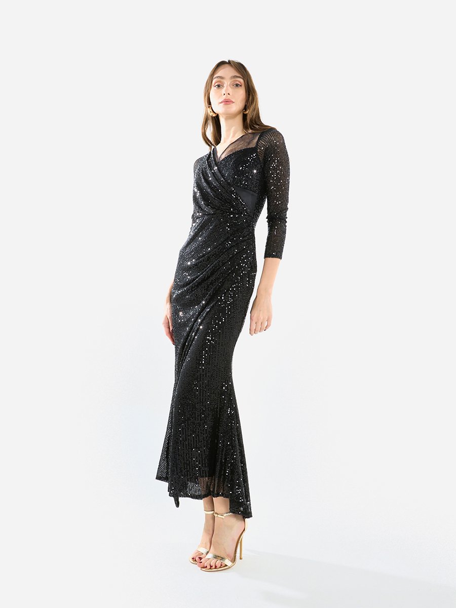 Women Sequin Wrap Slit Maxi Dress
