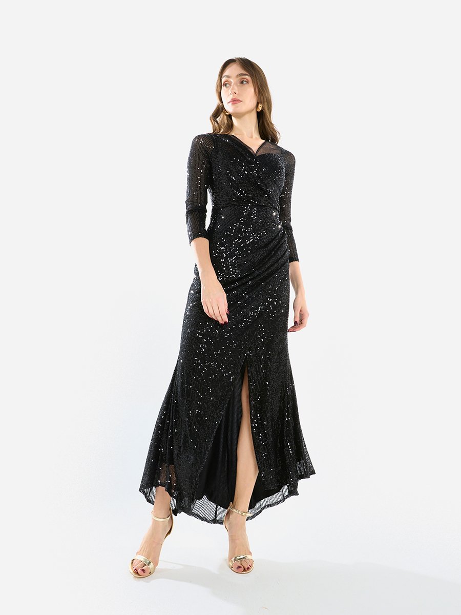 Women Sequin Wrap Slit Maxi Dress