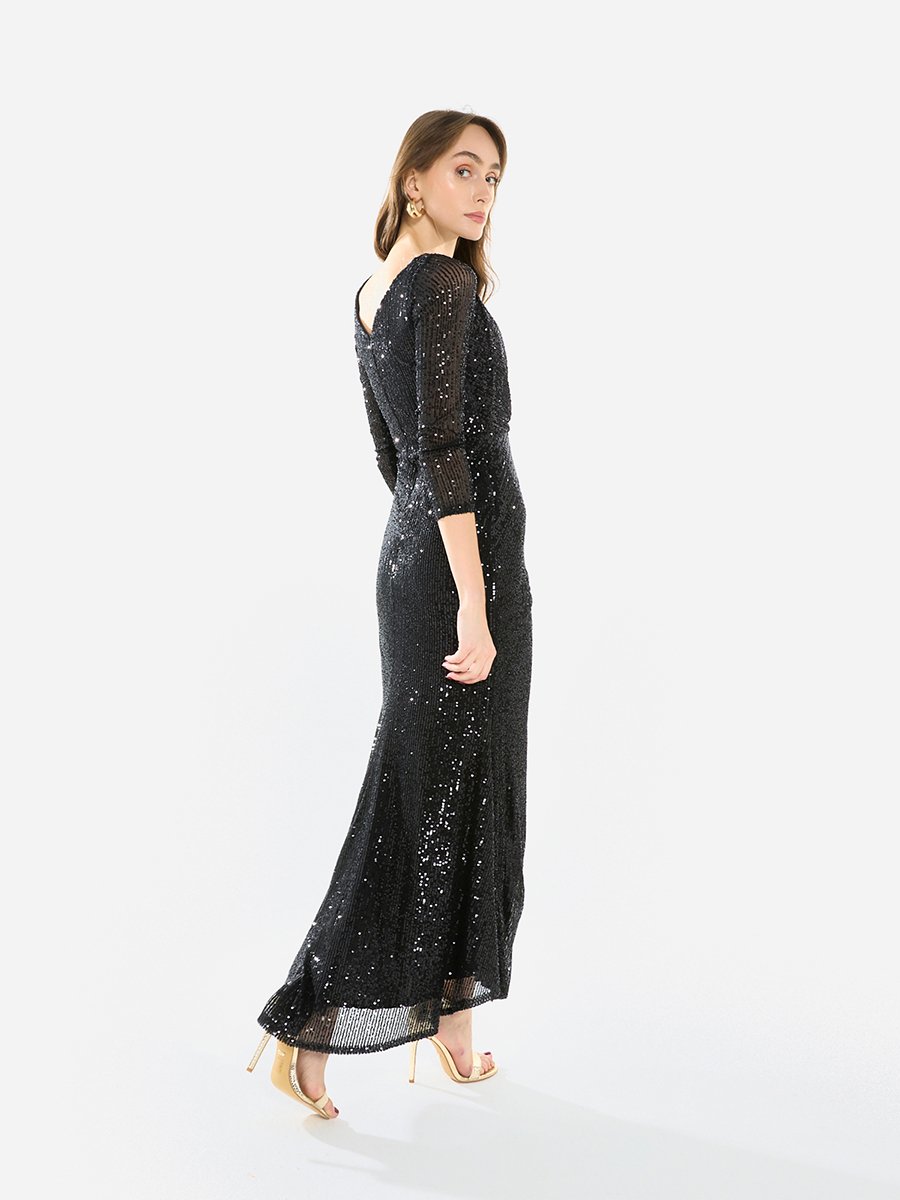 Women Sequin Wrap Slit Maxi Dress