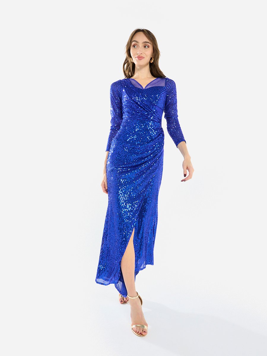Women Sequin Wrap Slit Maxi Dress