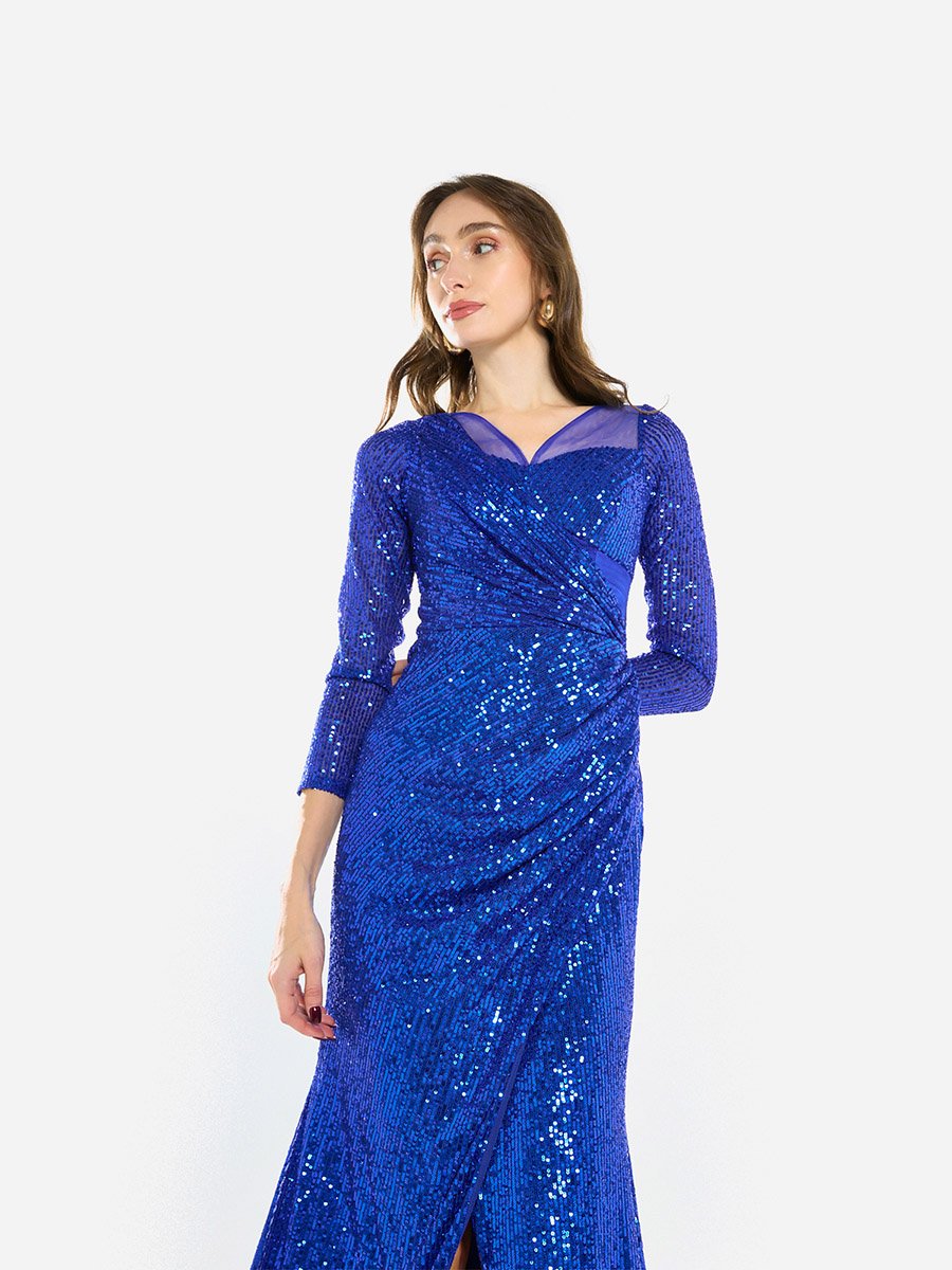 Women Sequin Wrap Slit Maxi Dress