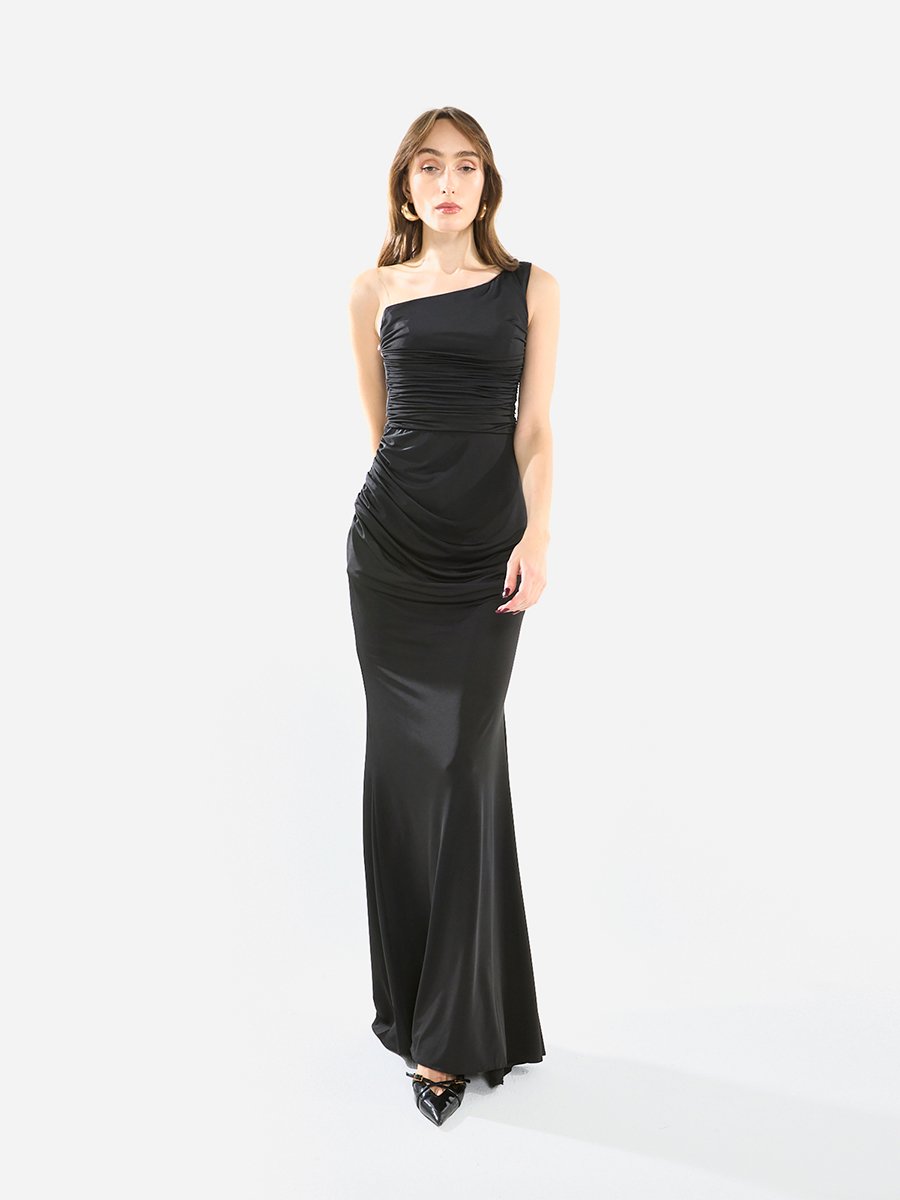 Women One Shoulder Draped Evening Maxi Dress