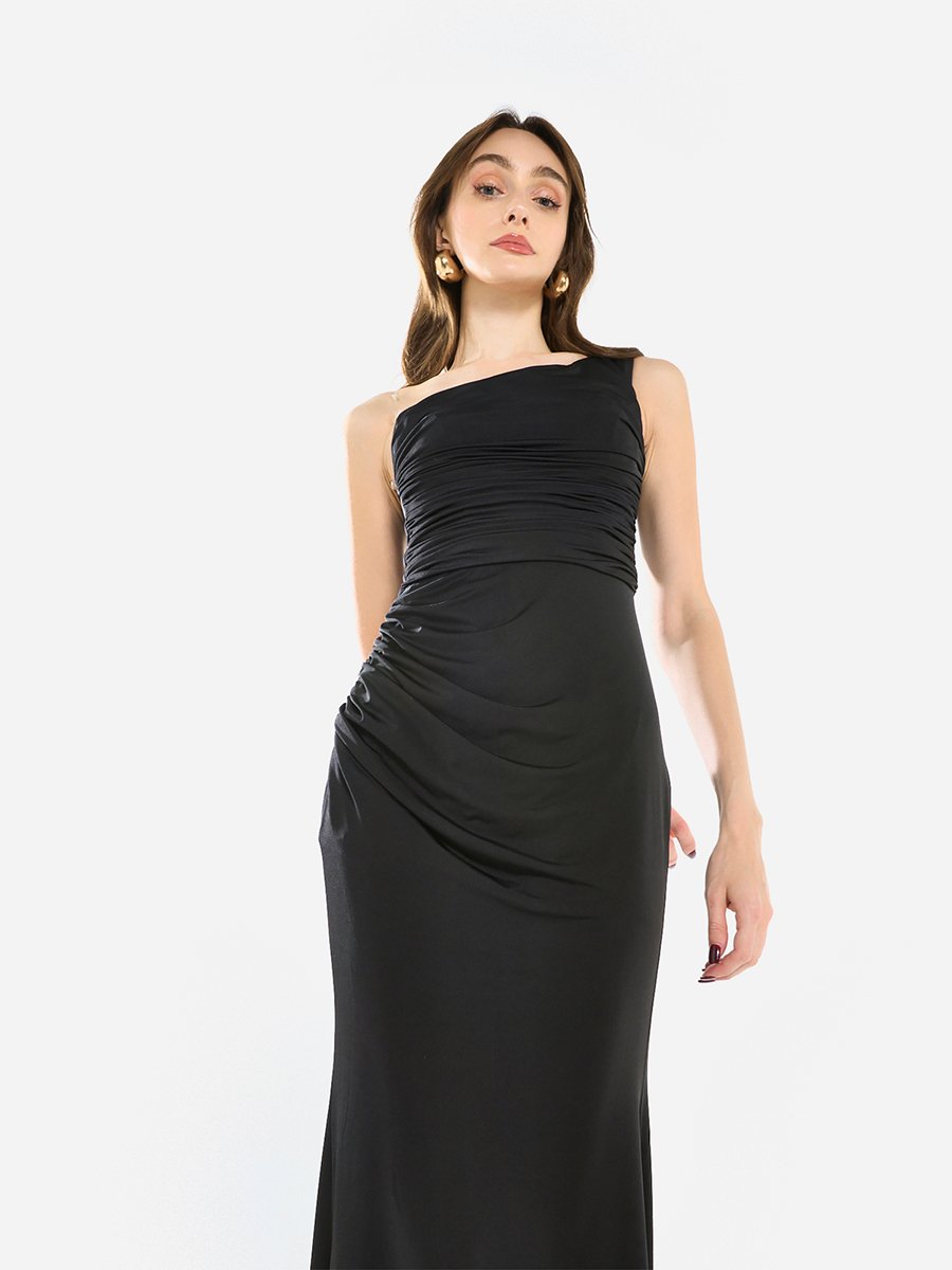 Women One Shoulder Draped Evening Maxi Dress
