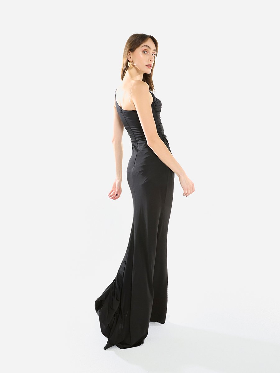 Women One Shoulder Draped Evening Maxi Dress