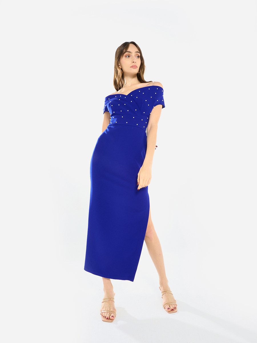 Women Embellished Bardot Midi Dress