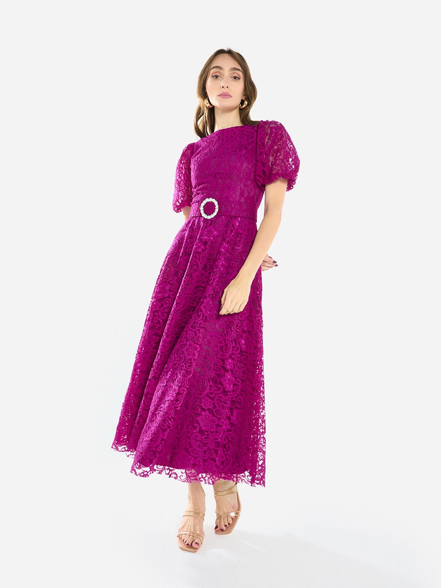 Women Floral Lace Puff Sleeve Midi Dress