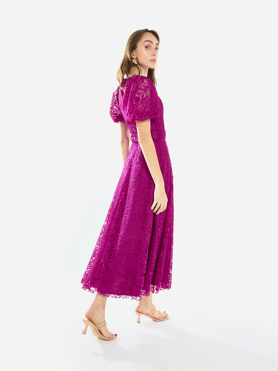 Women Floral Lace Puff Sleeve Midi Dress