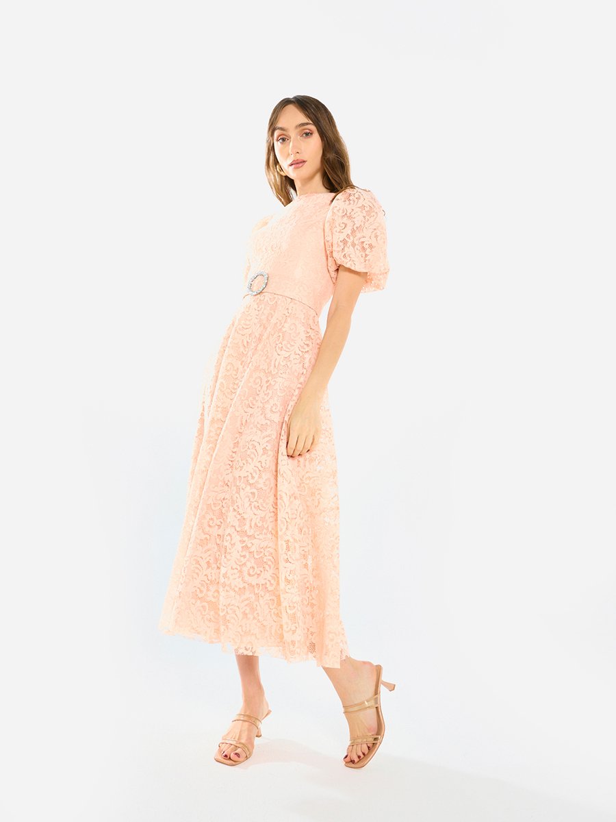 Women Floral Lace Puff Sleeve Midi Dress