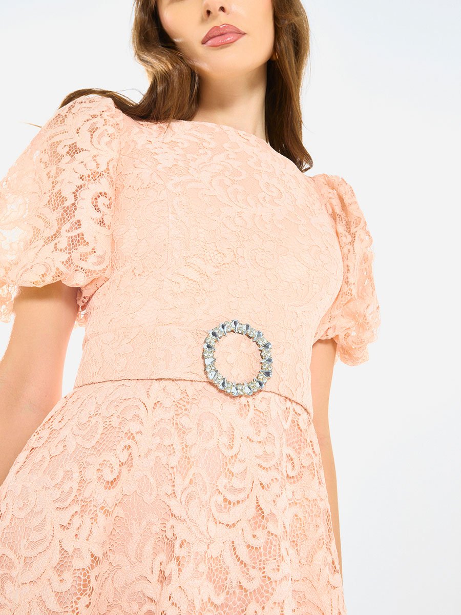 Women Floral Lace Puff Sleeve Midi Dress