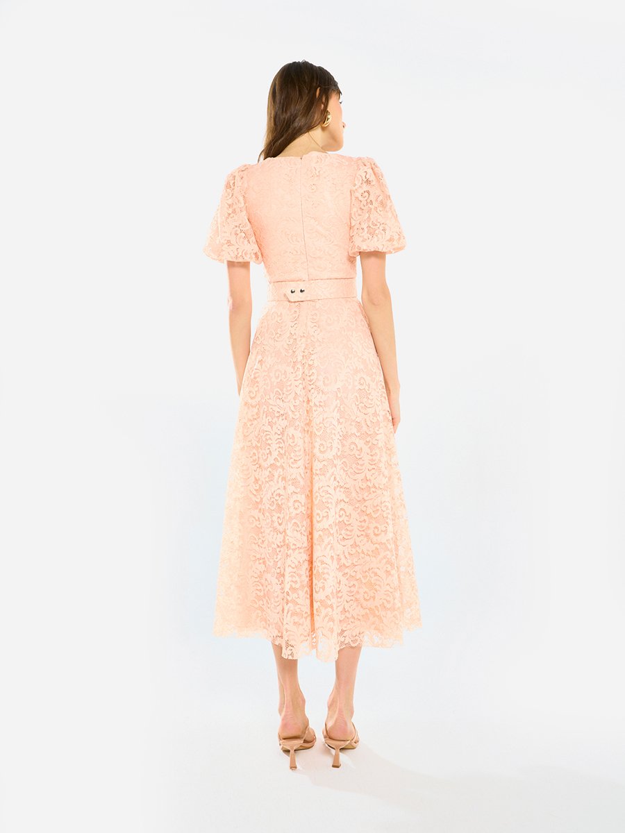 Women Floral Lace Puff Sleeve Midi Dress