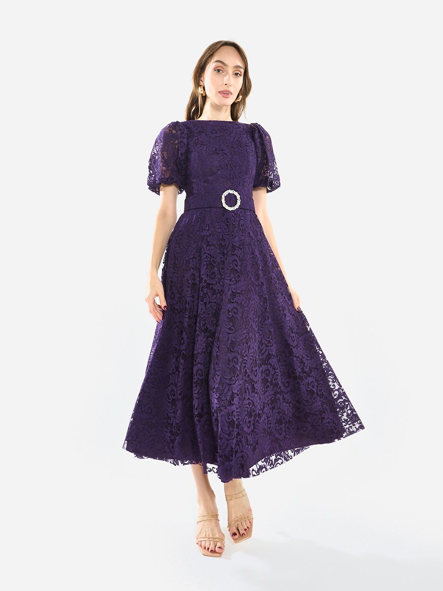 Women Floral Lace Puff Sleeve Midi Dress