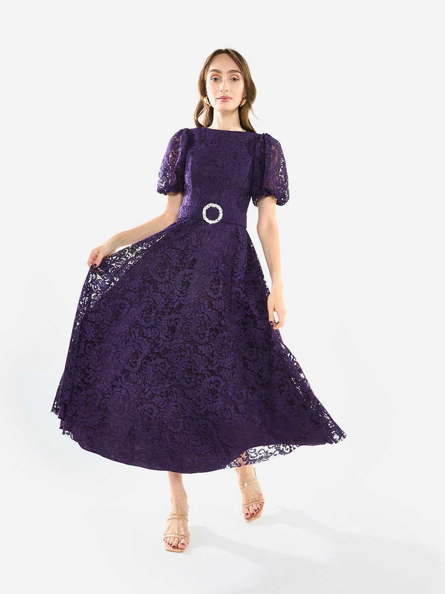 Women Floral Lace Puff Sleeve Midi Dress