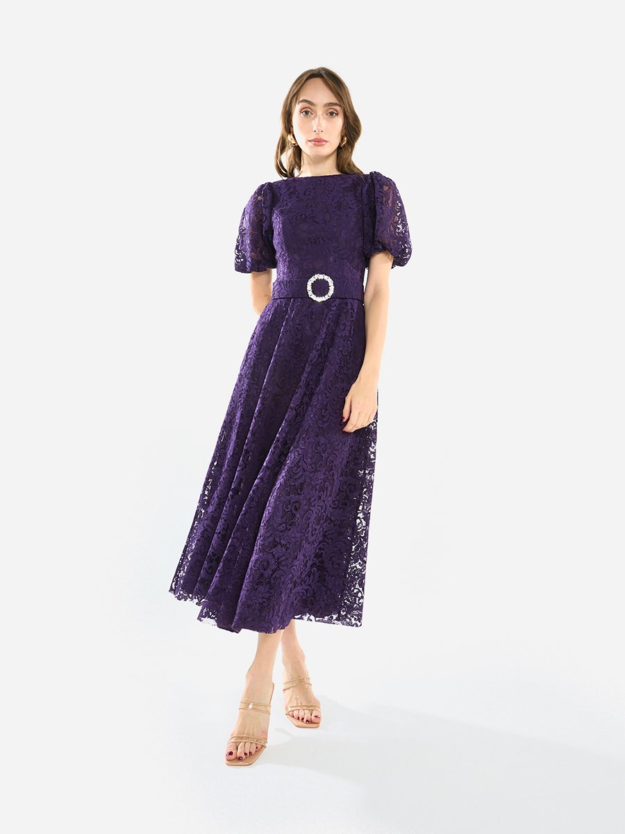 Women Floral Lace Puff Sleeve Midi Dress