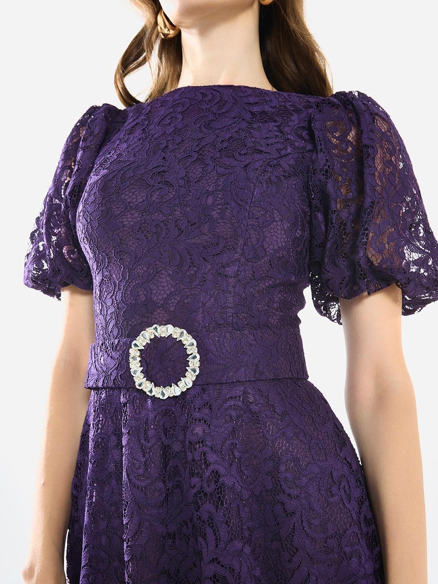 Women Floral Lace Puff Sleeve Midi Dress